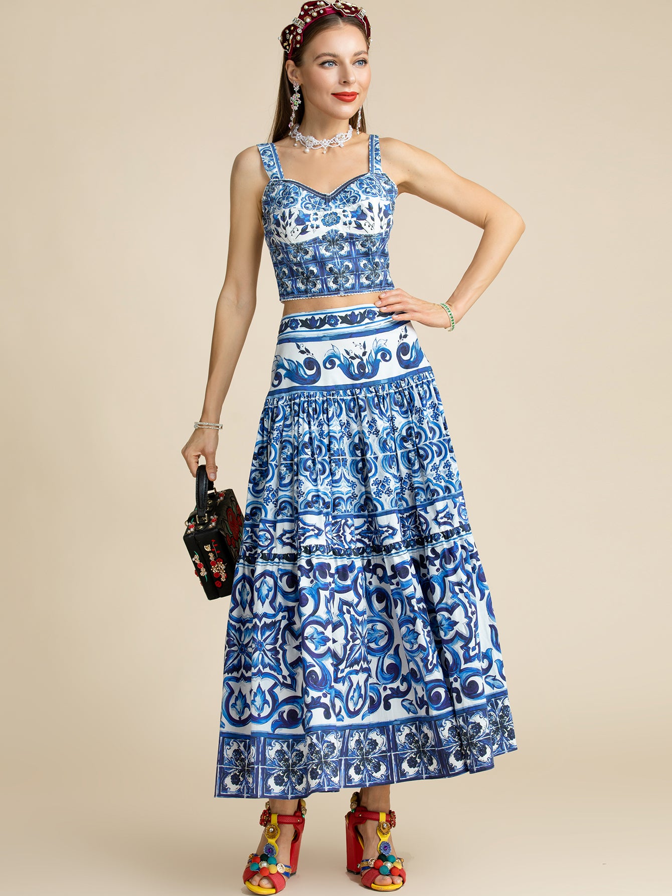 "Majolica-print" Women Cotton Top and Skirt Suitset