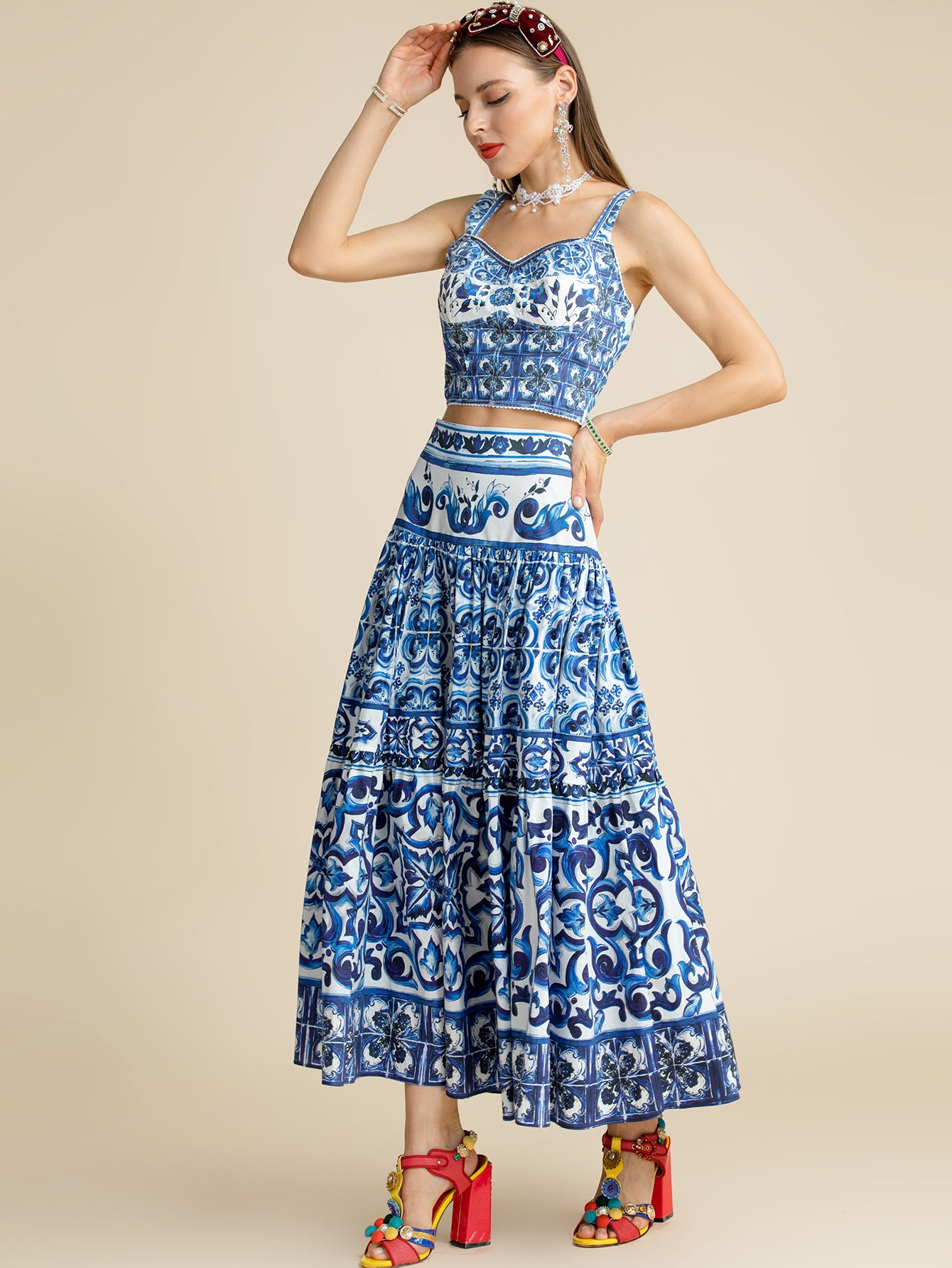 "Majolica-print" Women Cotton Top and Skirt Suitset