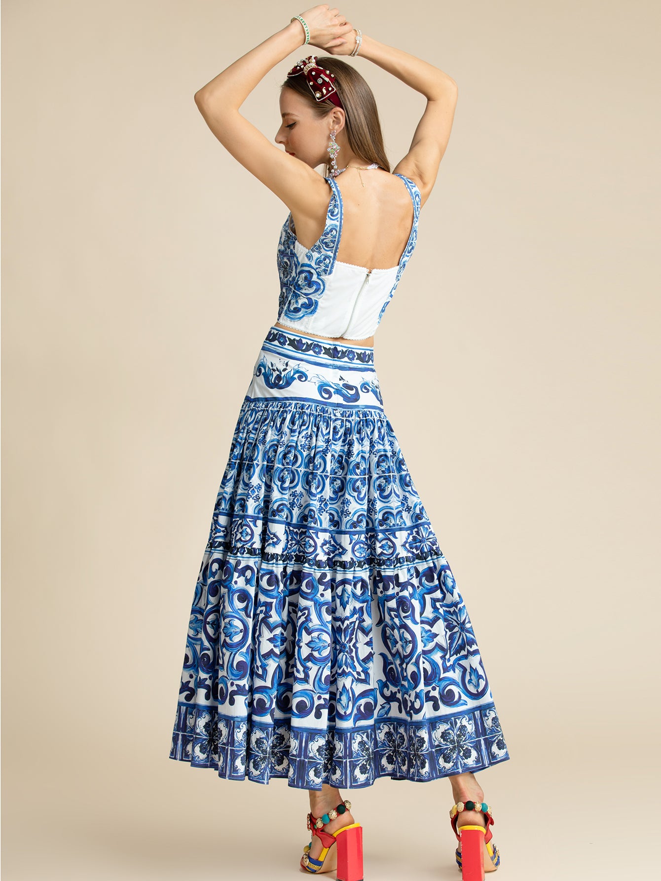 "Majolica-print" Women Cotton Top and Skirt Suitset