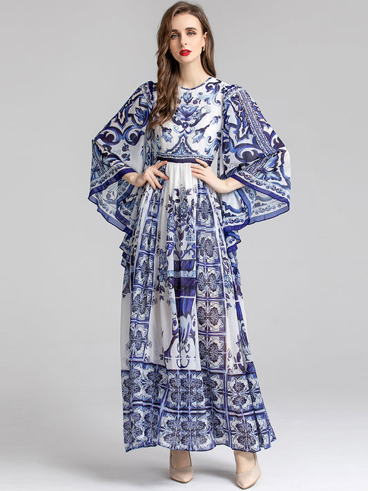 Summer Fashion Designer Women“Majolica-print ”Dress Batwing Sleeve Blue and White Bohemian Long Maxi Dress