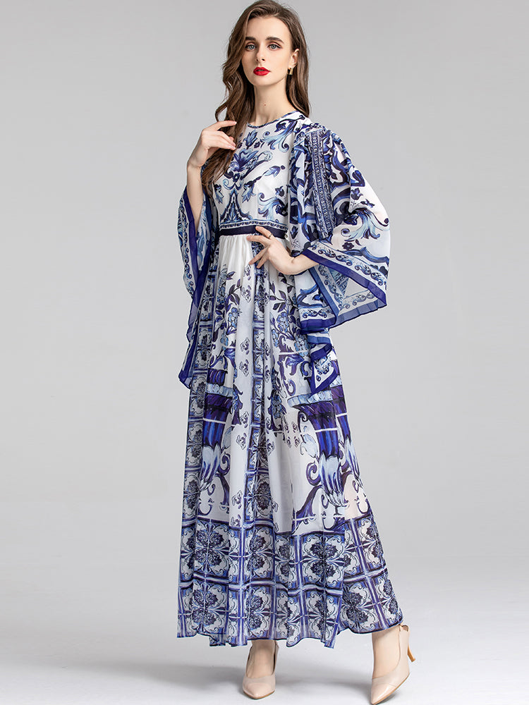 Summer Fashion Designer Women“Majolica-print ”Dress Batwing Sleeve Blue and White Bohemian Long Maxi Dress