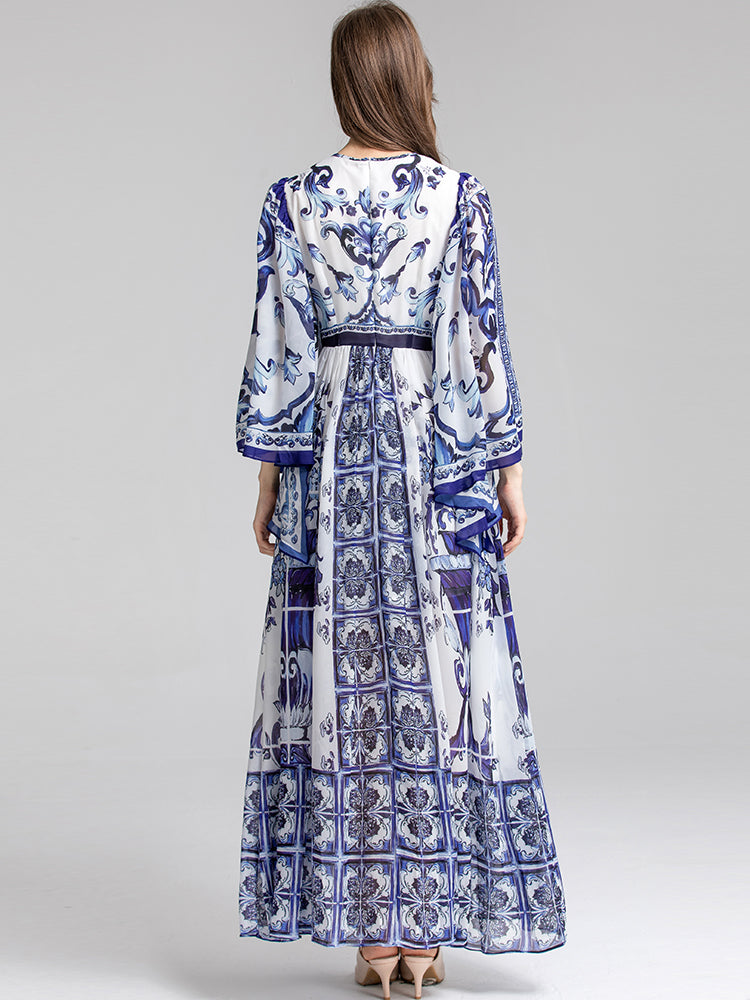 Summer Fashion Designer Women“Majolica-print ”Dress Batwing Sleeve Blue and White Bohemian Long Maxi Dress