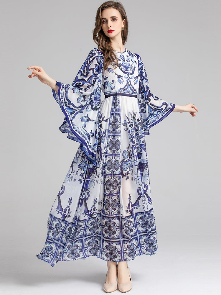 Summer Fashion Designer Women“Majolica-print ”Dress Batwing Sleeve Blue and White Bohemian Long Maxi Dress