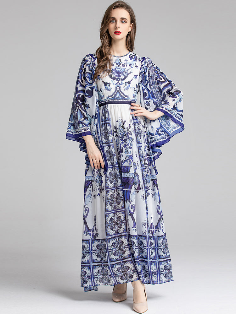 Summer Fashion Designer Women“Majolica-print ”Dress Batwing Sleeve Blue and White Bohemian Long Maxi Dress