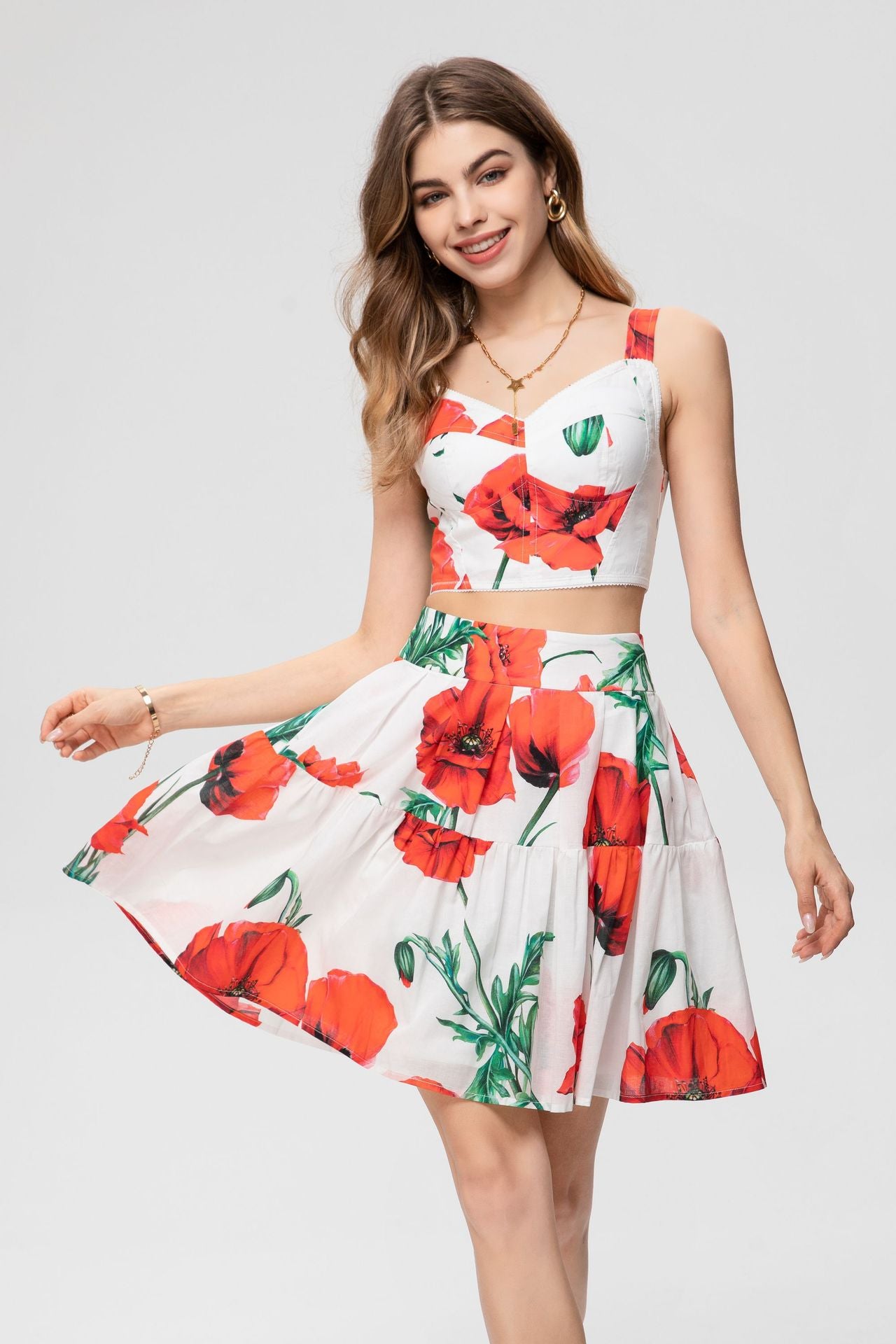 Luxury Designer Inspired spring and summer new quality women's girls cotton printed fashion suit with chest wipe vest and high waist large swing half skirt