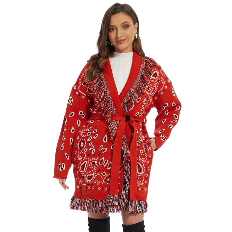 Red Icon Jacquard Women Cardigan With Fringes Oversize