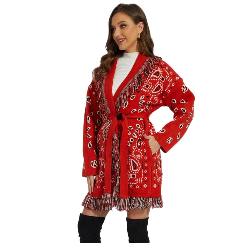 Red Icon Jacquard Women Cardigan With Fringes Oversize