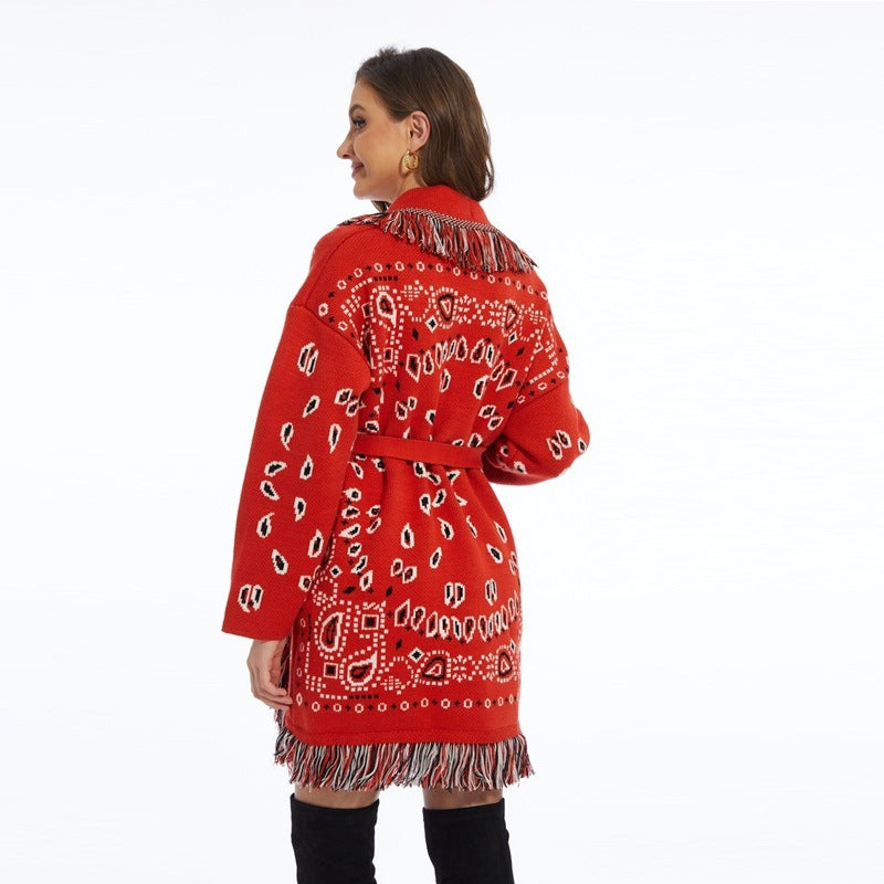 Red Icon Jacquard Women Cardigan With Fringes Oversize
