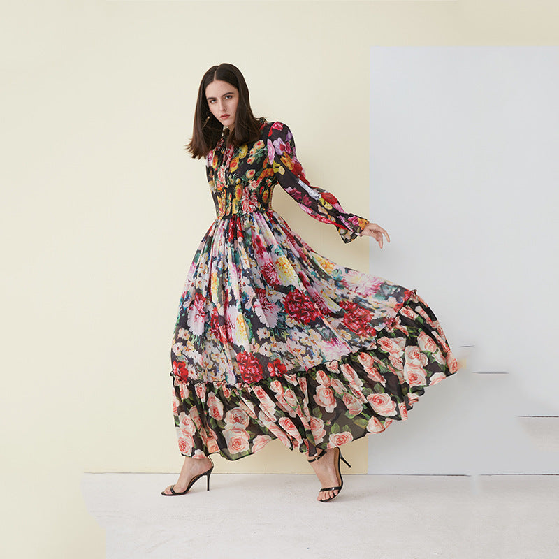 Runway Fahion Women Blouson-Sleeve Floral-Print Chiffon Maxi Dress Designer Inspired Gown