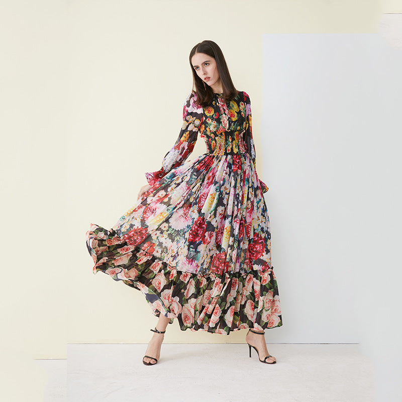 Runway Fahion Women Blouson-Sleeve Floral-Print Chiffon Maxi Dress Designer Inspired Gown