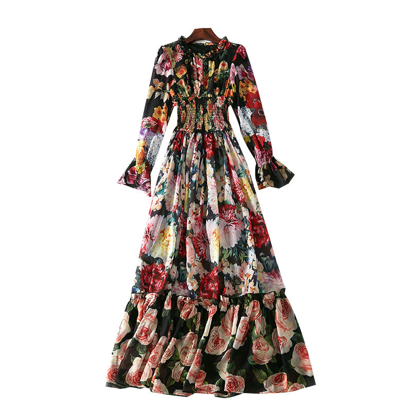 Runway Fahion Women Blouson-Sleeve Floral-Print Chiffon Maxi Dress Designer Inspired Gown