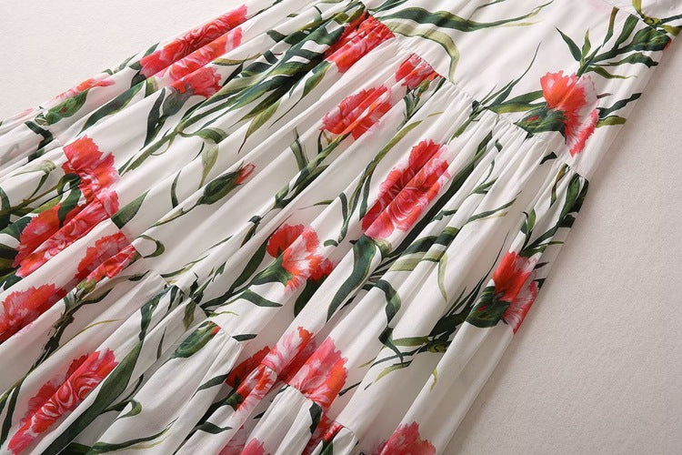 Runway Fashion Designer inspired Women Poppy-Print Cotton Corset Top and Midi Skirt  elegant Set for Summer vacation