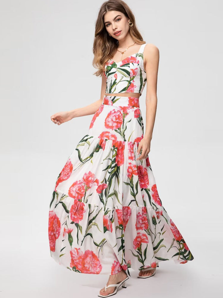 Runway Fashion Designer inspired Women Poppy-Print Cotton Corset Top and Midi Skirt  elegant Set for Summer vacation