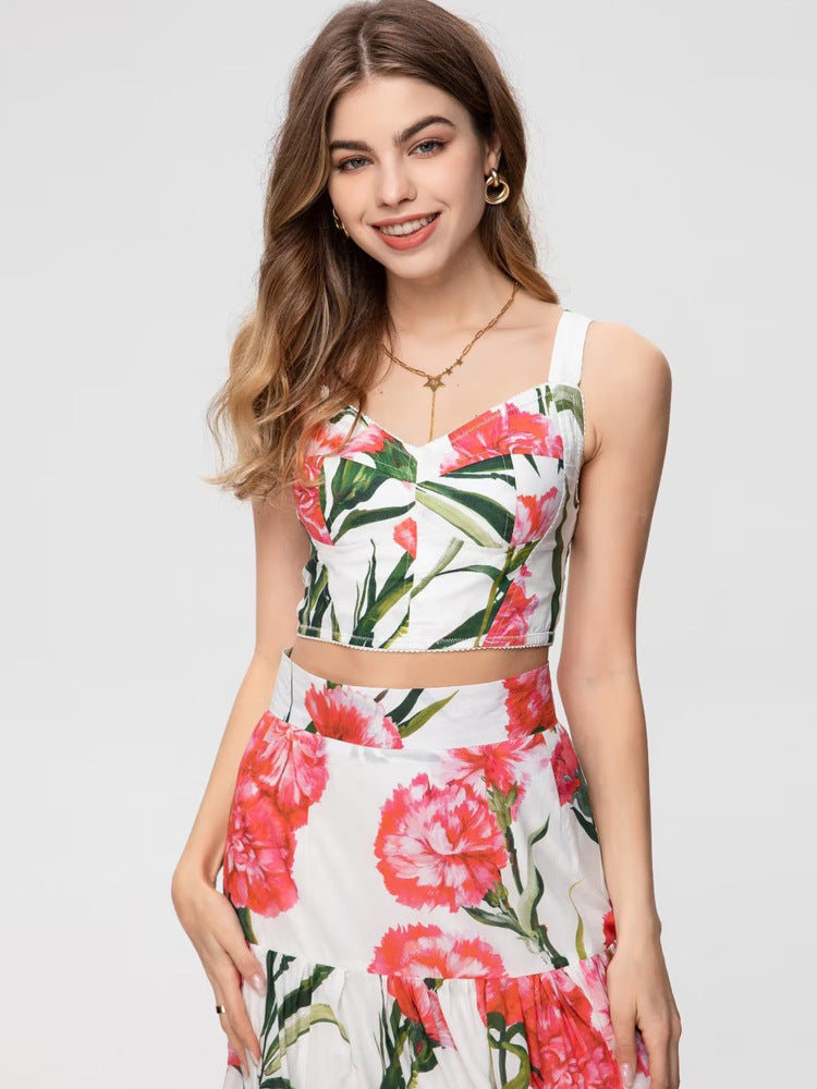Runway Fashion Designer inspired Women Poppy-Print Cotton Corset Top and Midi Skirt  elegant Set for Summer vacation