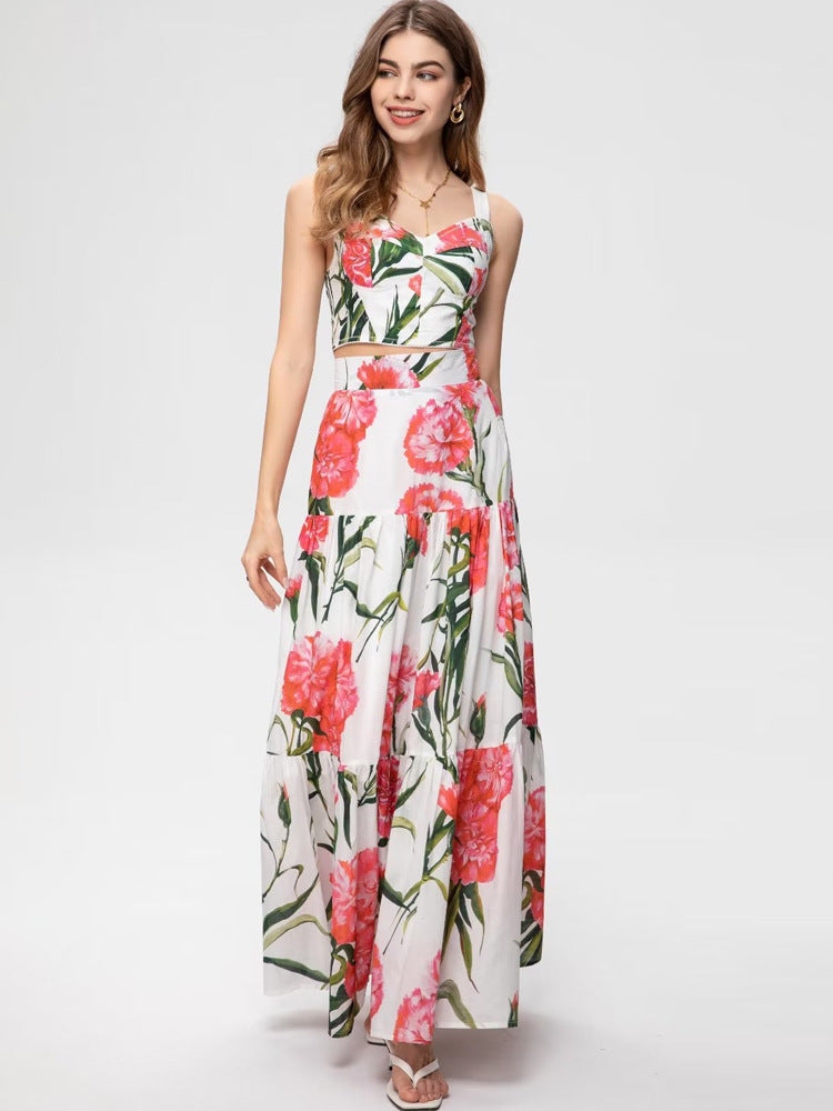 Runway Fashion Designer inspired Women Poppy-Print Cotton Corset Top and Midi Skirt  elegant Set for Summer vacation