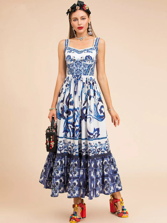 Summer Women Majolica-print Spaghetti Strap  CottonMidi Dress