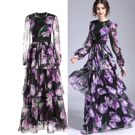 Women Designer Floral Print Luxury Ruffles Layered Purple Maxi Long Sleeve Dress Party Dinner Fashion Dresses 2023