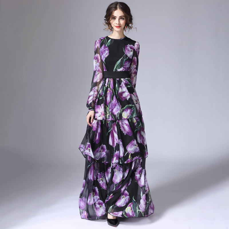 Women Designer Floral Print Luxury Ruffles Layered Purple Maxi Long Sleeve Dress Party Dinner Fashion Dresses 2023
