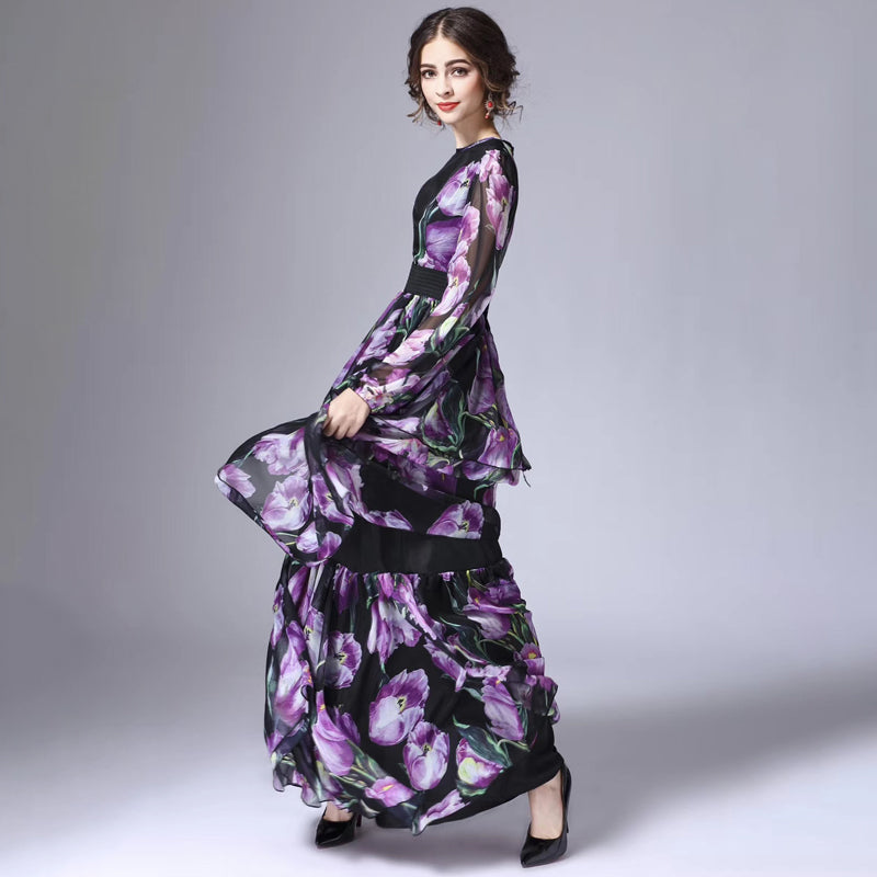 Women Designer Floral Print Luxury Ruffles Layered Purple Maxi Long Sleeve Dress Party Dinner Fashion Dresses 2023