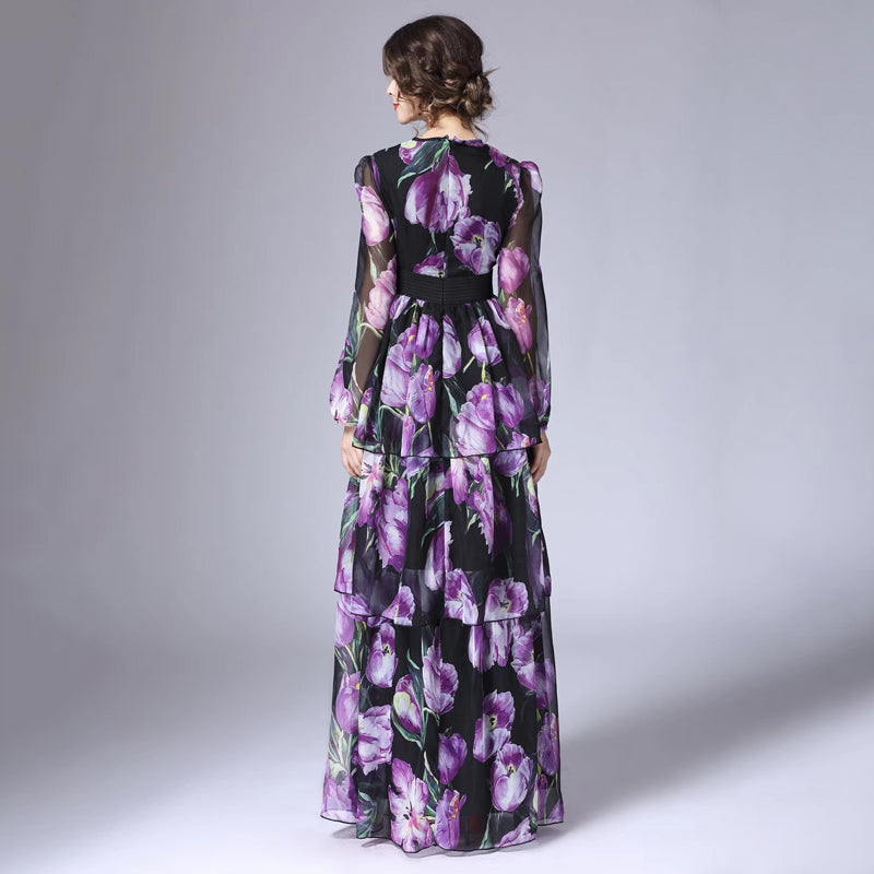 Women Designer Floral Print Luxury Ruffles Layered Purple Maxi Long Sleeve Dress Party Dinner Fashion Dresses 2023