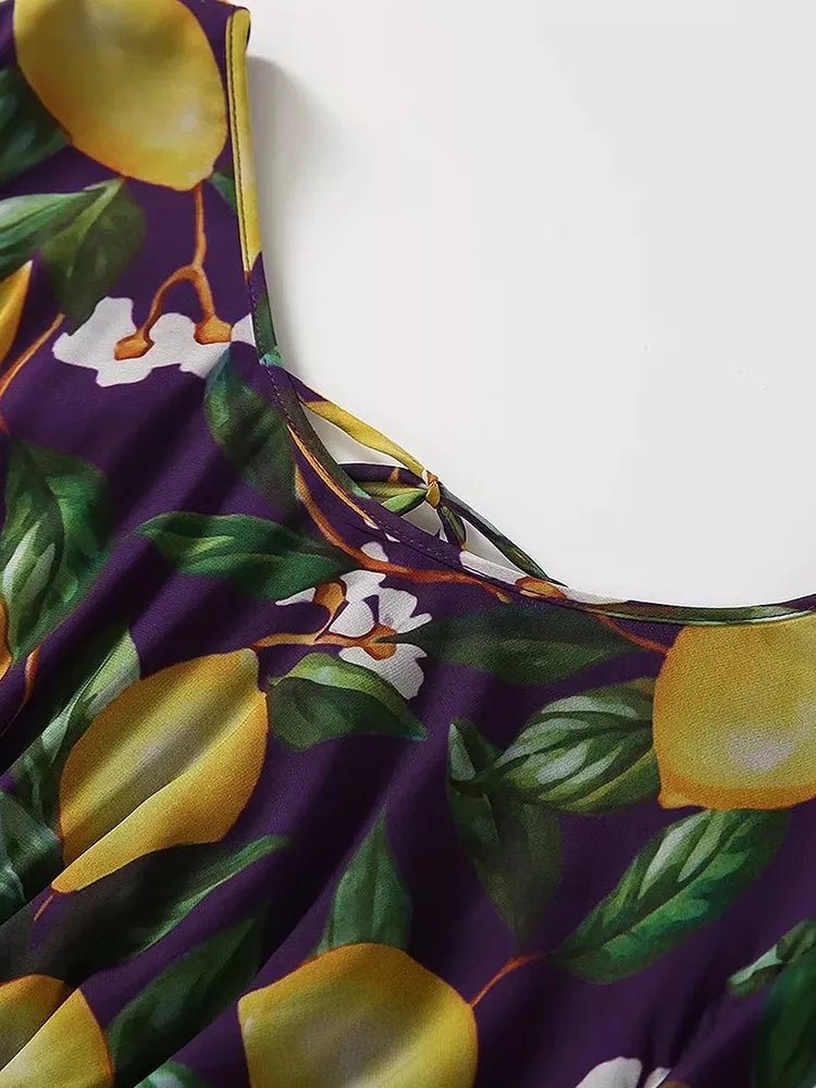 Women fashion Lemon Print Chiffon Backless Maxi Dress with Butterfly Sleeve for Summer vacation party from Designer Inspired Runway Fashion