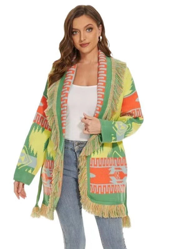 Fashion Bohemian/BOHO Stylish Multicolour Icon Knitted Belted Cardigan