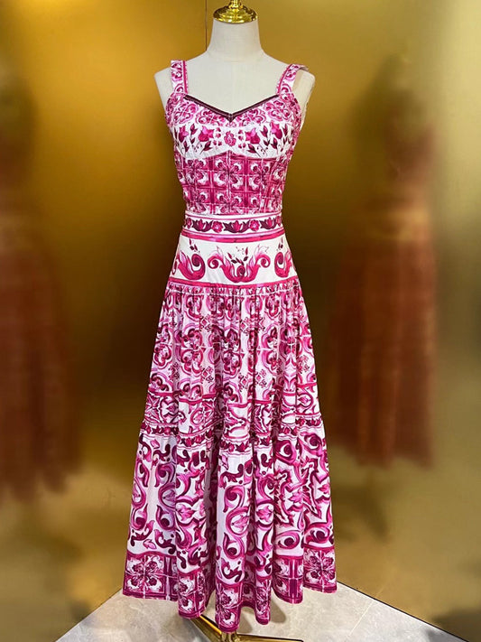 Designer Fashionista Women Summer Cotton Printed A-Line Maxi Skirt And Top Set 2023