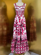Fashion Designer Summer Cotton Dress Women Spaghetti Strap Sleeveless Flowers Print Vintage Party Backless Long Dress