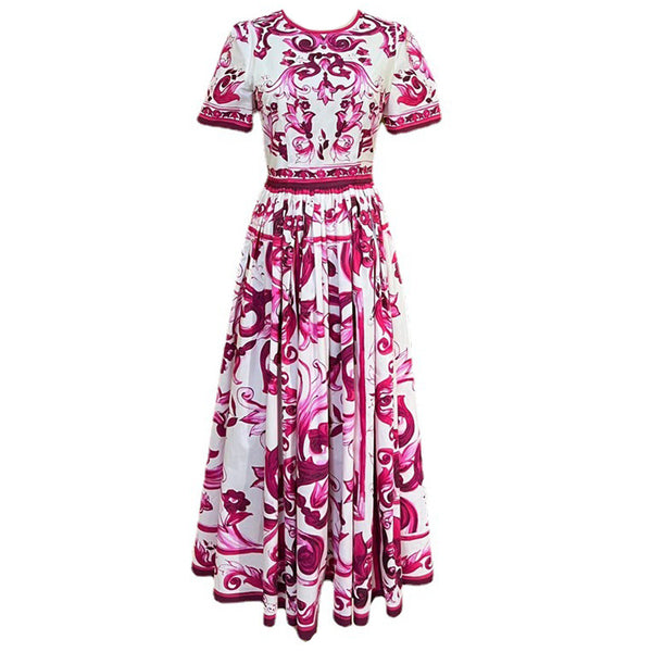 Designer Runway Inspired Summer Women's Cotton Midi Dress With Luxury Fashion Print Pattern