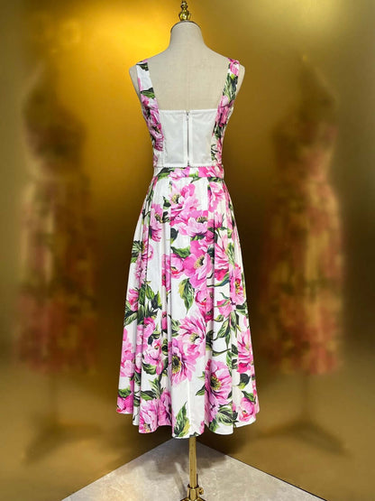Pink Peony Print Floral Print Cotton Bustier Top And Pleated Skirt Set