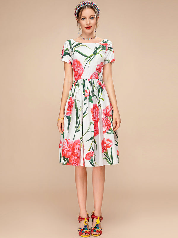 New Fashion Runway Summer Cotton Dress Womens O-neck Short sleeve Flower print Party Elegant Midi Dress