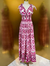 Fashion Designer Spring Summer Cotton Dress Women V-Neck Sleeveless Bow Flowers Print Vintage Elastic Waist Dresses