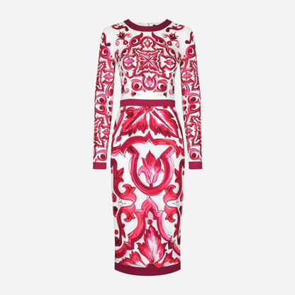 Summer Fashion Designer Vintage Cotton Dress Women O-neck Safflower Porcelain Printing Package Buttocks Slim Midi Dres