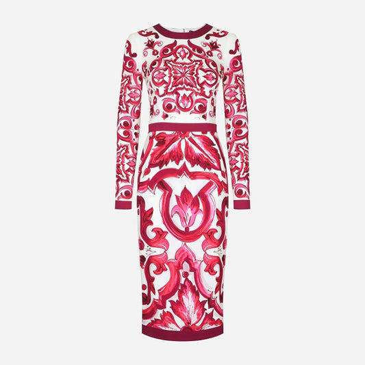 Summer Fashion Designer Vintage Cotton Dress Women O-neck Safflower Porcelain Printing Package Buttocks Slim Midi Dres