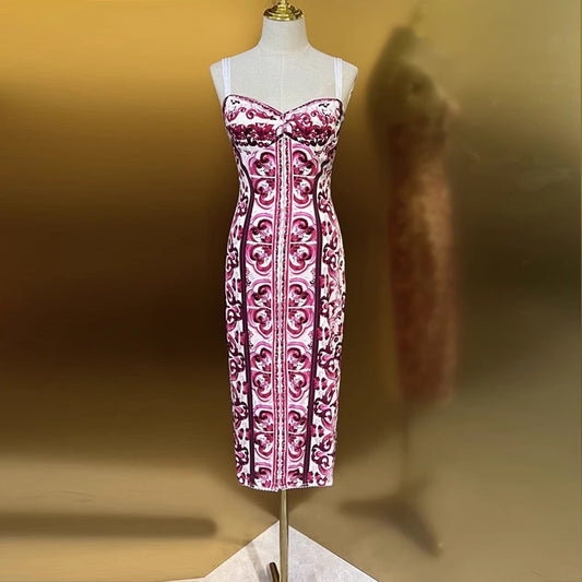 Fashion Designer Summer Silk Pencil Dress Women Spaghetti Strap Flowers Print Elegant Party Package Buttocks Dresses