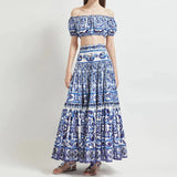 HIGH QUALITY Luxury Fashion Women Blue&White Porcelain Print Off Shoulder Top and Maxi Skirt Summer Set For Female