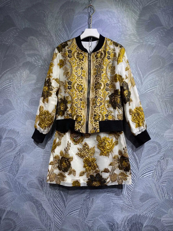 Luxury Designer Autumn Women High Quality Embroidery Jacket And Skit Suit Set