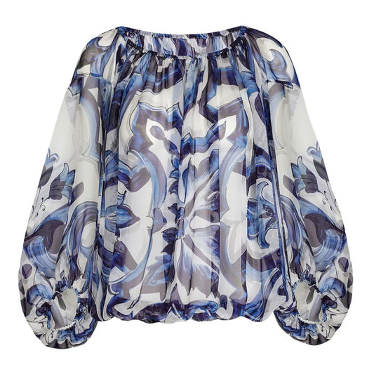 HIGH QUALITY Luxury Women's Silk Off-Shoulder Blue&White Porcelain Print Loose Blouse