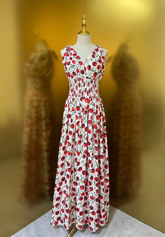 HIGH QUALITY Summer Holiday Women Cotton Maxi Dress With V-Neck Elastic Waist Cherry Print For Party
