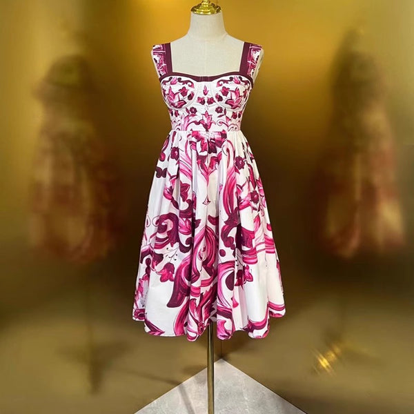 Fashion Designer Summer 100% Cotton Dress Women Spaghetti Strap Sleeveless Flowers Print Vacation Backless Mini Dress