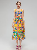 Summer Fashion Designer Beach Dress Women's Bohemia Pure Cotton High Waist Print Crumple Slim Fit Dress