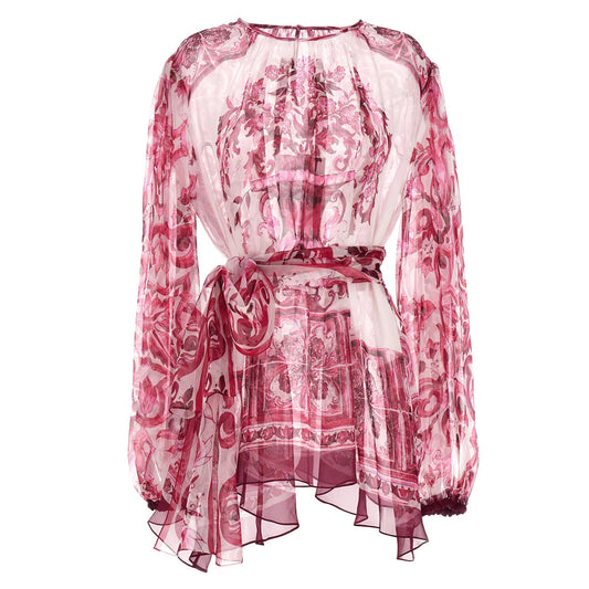 High Quality Luxury Women Porcelain Print Belted 100% Silk Blouse In Red Big Size Runway Fashion