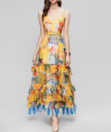 V-neck Yellow Print Multi-layer Ruffles Long Maxi A-line Strap Dress Autumn Winter 2023 Women Vestidos Robe Femme
