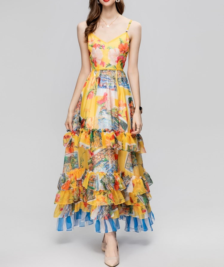 V-neck Yellow Print Multi-layer Ruffles Long Maxi A-line Strap Dress Autumn Winter 2023 Women Vestidos Robe Femme