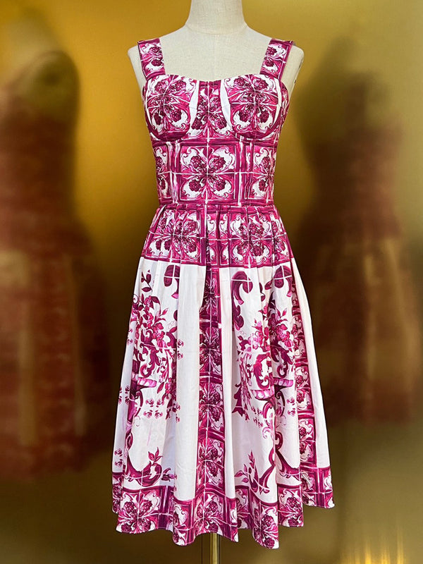 Fashion Designer Summer 100% Cotton Dress Women Spaghetti Strap Sleeveless Flowers Print Elegant Party Backless Dress