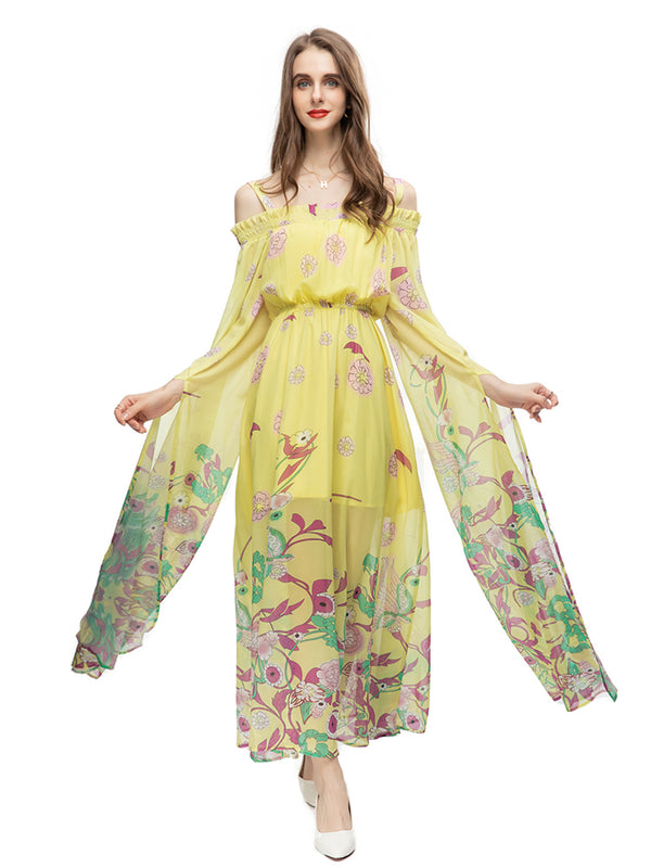 Summer Runway Designer Vintage Dress Women's Flare Sleeve High Waist Print Transparent Party Dress