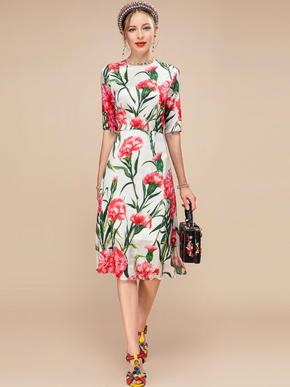 New Fashion Runway Summer Silk Dress Women Short sleeve High waist Flower Print Elegant Holiday Party Dress