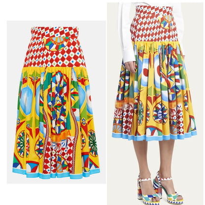 Italy Stylish Women 100% Cotton Print Midi Skirt Multicolour Summer Spring New Fashion Design