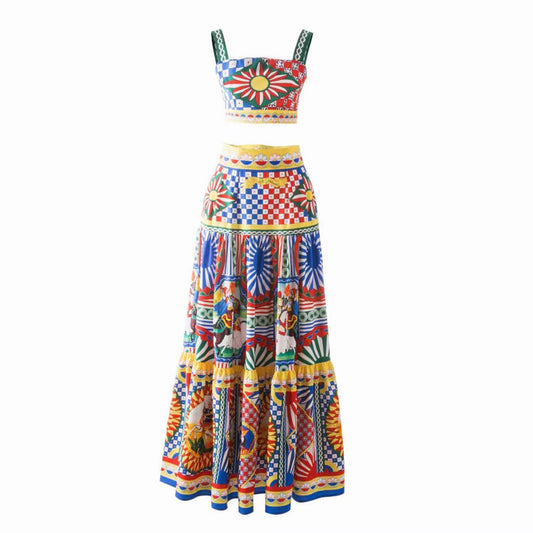 designer runway fashion sexy two piece set Spaghetti Strap short top+pattern print long skirt Suit Women New summer