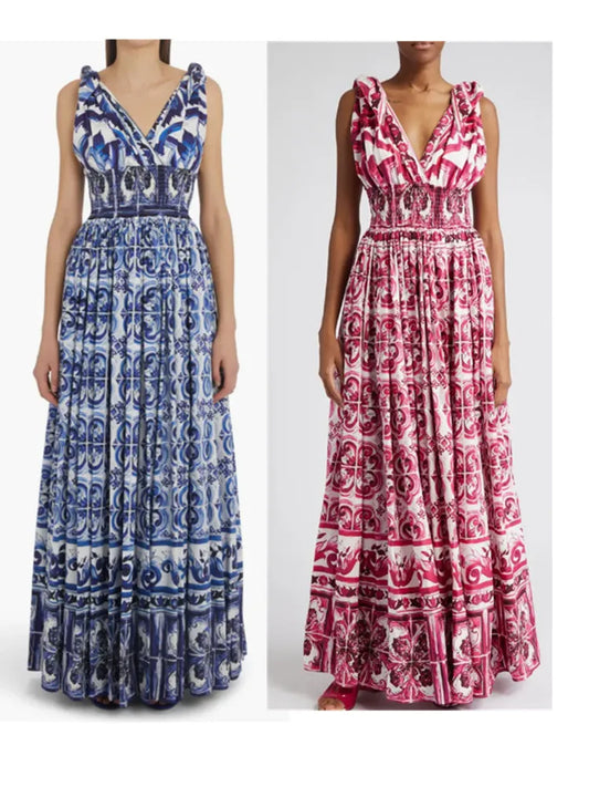HIGH QUALITY Summer Holiday Women Maxi Dress With V-Neck Elastic Waist Blue And Porcelain Print For Party